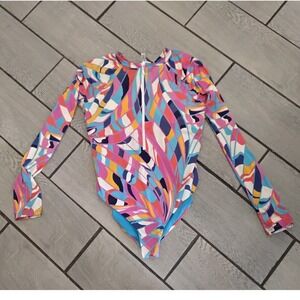 Trina Turk One Piece Swimsuit Long Sleeve Zip Front Bold Geometric Print Women's
